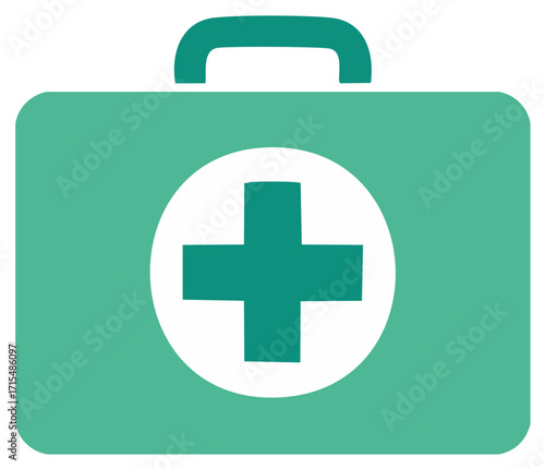 Green first aid kit with a white cross medical symbol, health care
