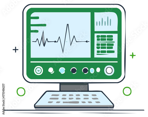 Cartoon medical monitor with electrocardiogram ECG heartbeat waveform and vital signs