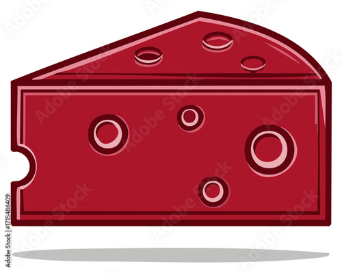 A slice of red cheese with many holes in it, triangular in shape, cartoon graphic food.
