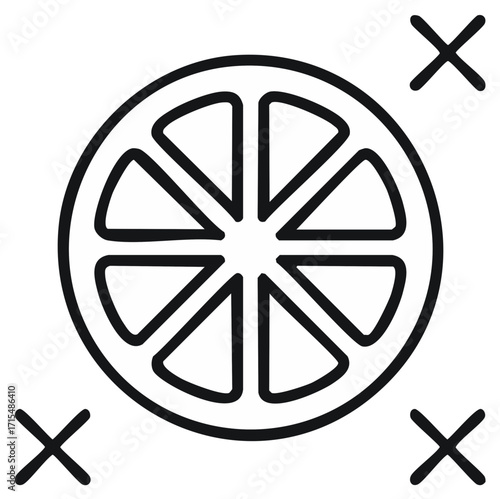 Black Line Art of Citrus Fruit Slice with Cross Marks in Corners