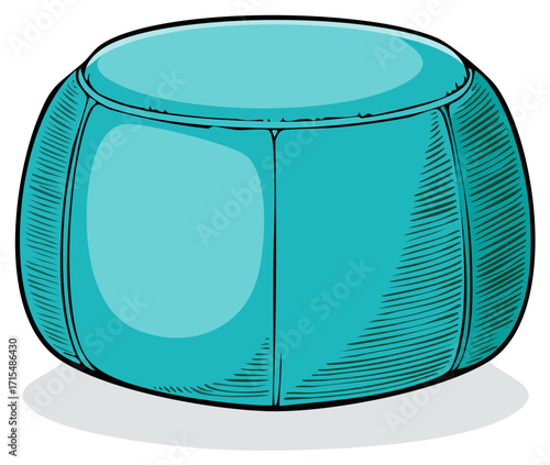 Cartoon illustration of a turquoise ottoman. Round, comfortable, and inviting.