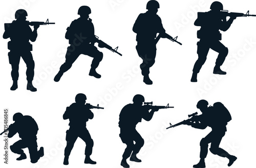 Soldier silhouette, armed forces, tactical pose, rifle, combat warfare, patrol, defense, readiness, crouching, kneeling, aiming, black figure, battlefield, war concept