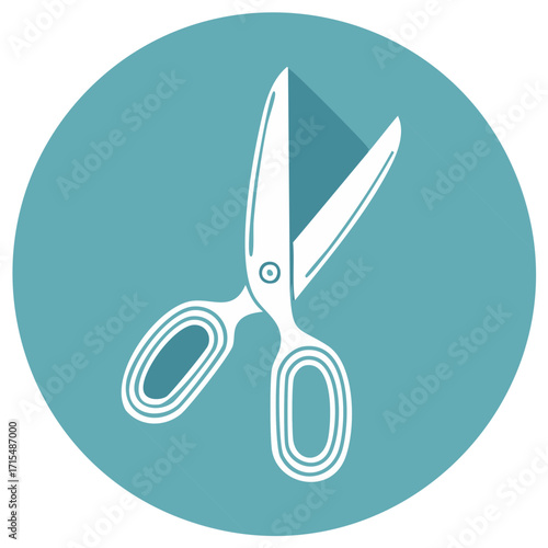 Stylish Scissor Graphic Icon on Teal Blue Circle, Craft Tool Concept, Tailoring Equipment