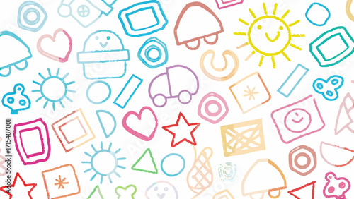 Charming playful doodle patterns featuring suns, hearts, cars, and stars in pastel hues