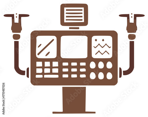 Industrial Machine Illustration with Screens and Controls, Brown, Simple Vector Style, Production Equipment, System Management, Factory Automation