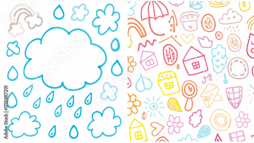 Whimsical hand-drawn doodle patterns featuring clouds, raindrops, rainbows, houses and sunshine for cheerful designs