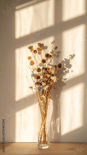 Dried flowers in vase, sunlight
