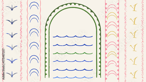 Whimsical pastel pattern with playful waves and abstract natural elements, perfect for decor.