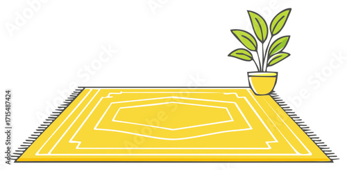 Hand drawn illustration of a yellow patterned rug with a houseplant for home interior decor