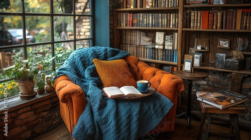 Woman reading book in cozy café during autumn with fall colors outside window, leisure time