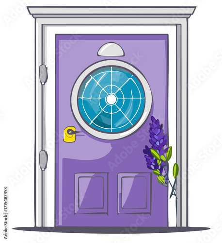 Cartoon Door with Oval Window and Floral Accent