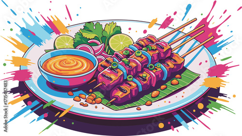 Delicious Skewered Meat Dish with Peanut Sauce and Fresh Garnishes, A Culinary Delight