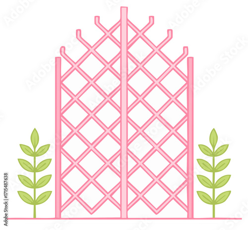 Pink trellis design with green leaves illustration on a white backdrop