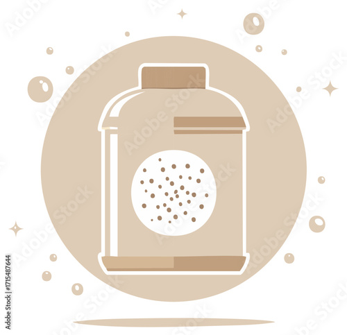 Jar container with dots inside for beauty or household product with a circular background shape