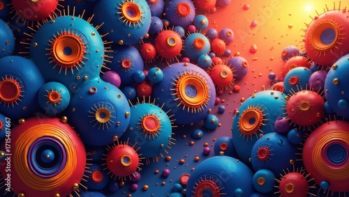 A vibrant and dynamic composition of various rounded shapes, featuring a mix of bright colors and intricate details.