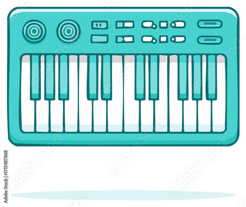 Cartoon illustration of a blue synthesizer keyboard with keys.