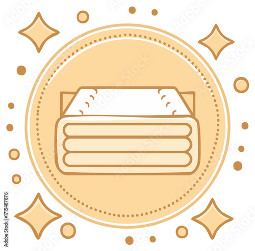 Stacked Folded Linens within a Decorative Circle Surrounded by Sparkles and Dots