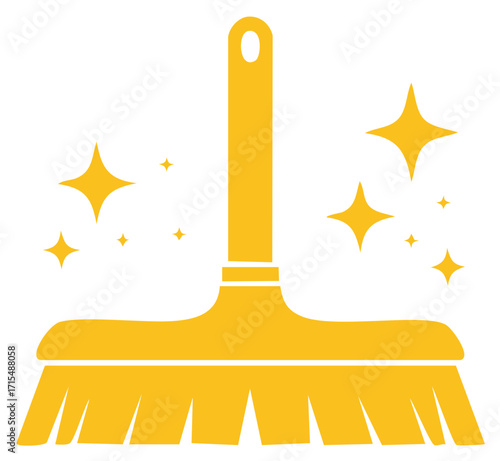 Yellow Broom Icon with Sparkles Indicating Cleanliness and Hygiene