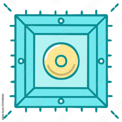 Cartoon microchip icon with a central circular element and pins representing technology and computing hardware