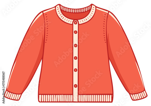 Cozy knit coral cardigan with white buttons and ribbed trim illustration