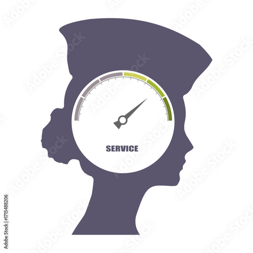 Portrait of flight attendant with service quality measuring scale. Face side view icon. Elegant silhouettes of a female head. Avatar profile sign.