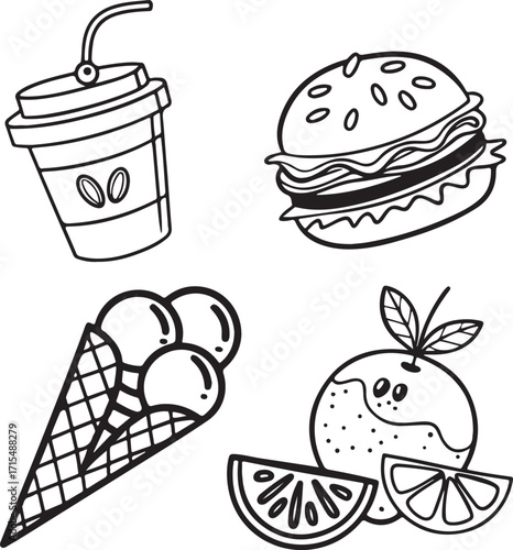 Black and White Food Doodle Set – Burger, Drink, Ice Cream, Banana, Cherry, and Lemon Slice Vector Illustration
