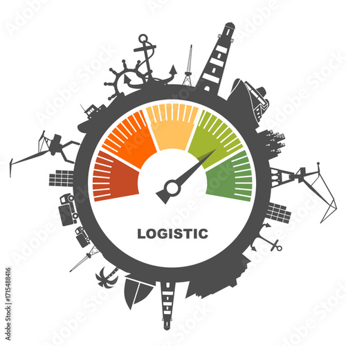 Circle with sea shipping icons and logistic quality meter scale. Cargo shipping concept.