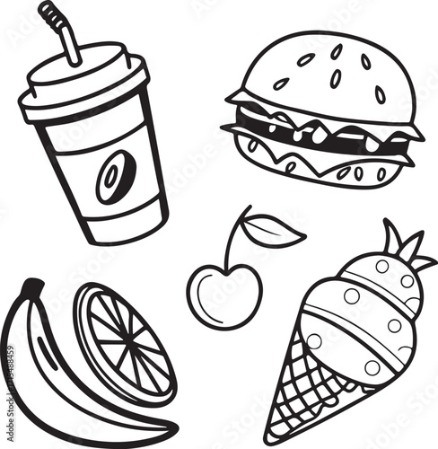 Black and White Food Doodle Set – Burger, Drink, Ice Cream, Banana, Cherry, and Lemon Slice Vector Illustration