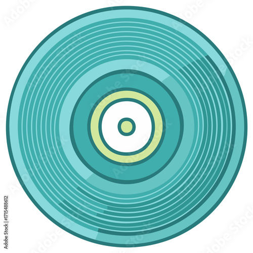 Stylized turquoise vinyl record with concentric circles and a central label