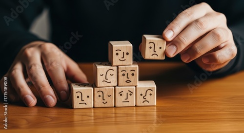 Person stacking wooden cubes with different emotions drawn on them on table