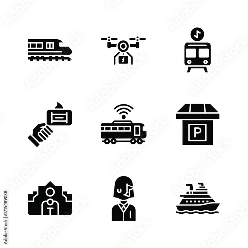 Transportation Icons Train, Drone, Subway, Bus, Parking, Cruise Ship & More