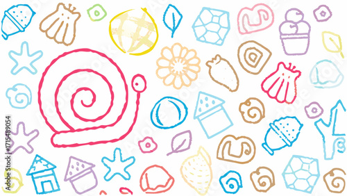 Playful whimsical doodle pattern featuring cute seashells, snails, and beach treasures for kids designs
