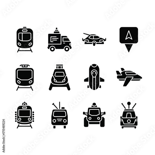 Set of solid glyph icons representing modern and futuristic transportation concepts for technology and mobility