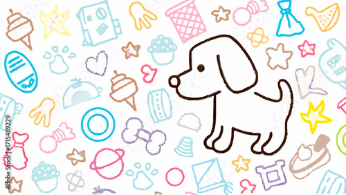 Adorable cartoon puppy surrounded by playful doodles of toys, treats, and stars, perfect for children's designs