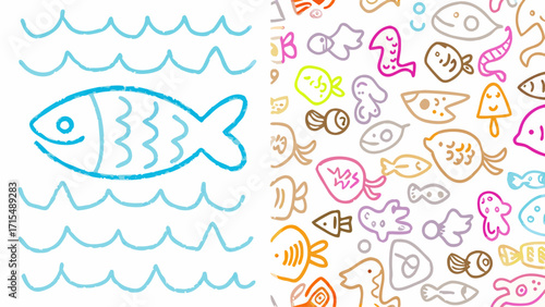 Playful blue fish swims through gentle waves in whimsical ocean scene with colorful friends