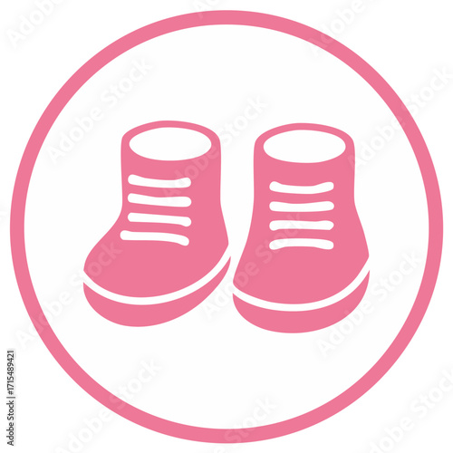 Baby girl booties round icon. Simple pink footwear graphic for baby shower invitation or newborn announcement. Small shoes symbol.