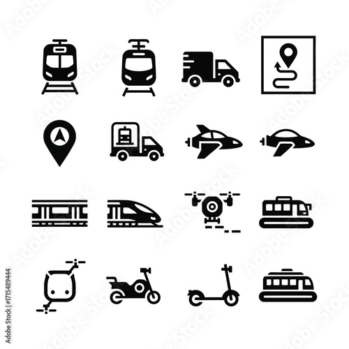 A collection of diverse transportation and navigation icons, featuring trains, trucks, aircraft, and mapping symbols