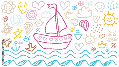 Whimsical hand-drawn sailboat sailing on playful waves with a charming collection of clouds, suns, and hearts