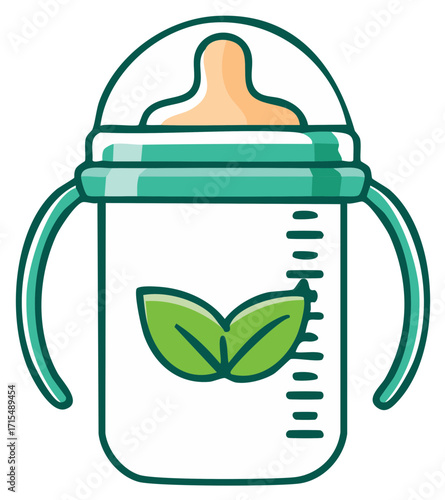 Eco friendly baby sippy cup with green leaf logo vector illustration