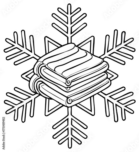 Line Art Folded Towels Stack with Snowflake Ornament Design, Ready for Winter Spa, Decoration or Coloring Page