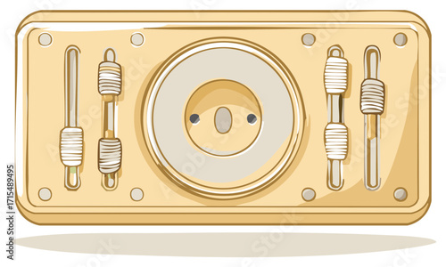 Cartoon Audio Mixer Control Panel with Faders and Central Dial for Sound Adjustment