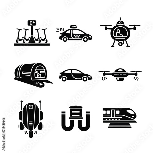 Modern and futuristic transportation icons. Electric scooters, autonomous cars, drones, and high-speed rail. Innovative mobility solutions and future travel technology