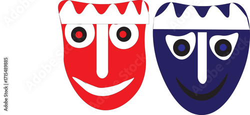 "Abstract theatrical mask illustration symbolizing comedy and tragedy. Bold red and blue design ideal for drama themes, editorial art, cultural icons, and expressive visual storytelling."