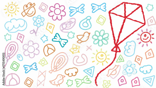 Joyful playful kite and whimsical doodle icons celebrate childhood fun and vibrant summer days