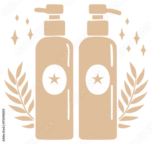 Doodle illustration of two bottles with a pump and star symbols, leaves and stars, simple and modern design, beauty and hygiene products vector.