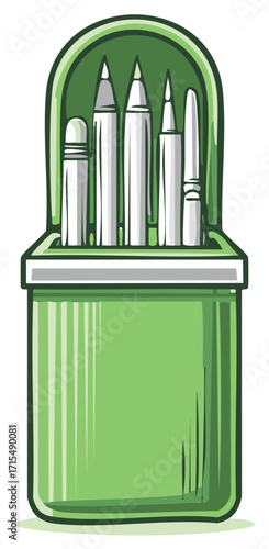 Green plastic box holding art pencils and pens vector illustration