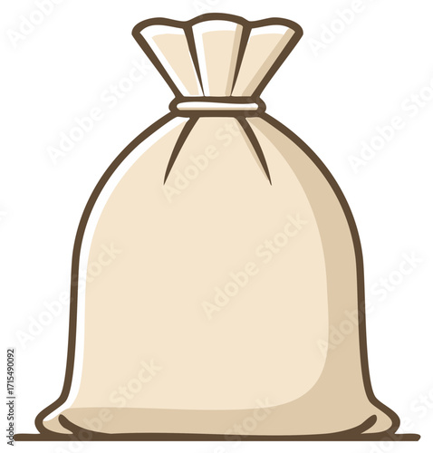 Full Brown Cloth Sack or Burlap Bag Tied at the Top Cartoon Style Illustration