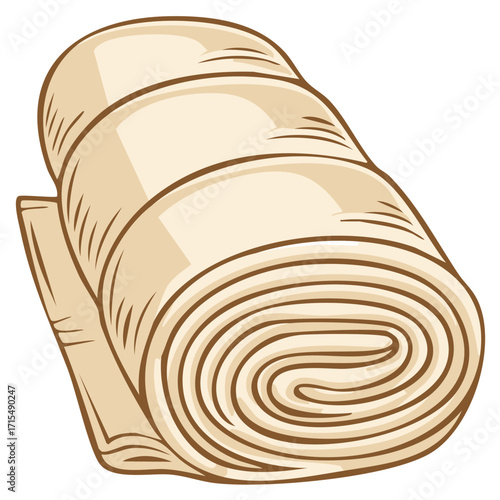 Rolled up fabric, artistic style illustration. Beige color textile, unfolded part.