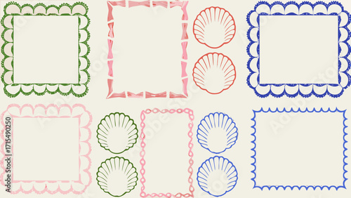Charming decorative frames and seashells in playful pastel and vibrant blue hues