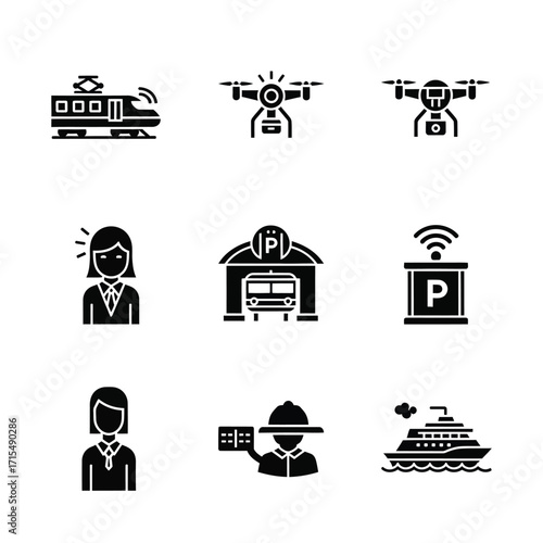 Icons Representing Modern Transportation and Services in Black Silhouette